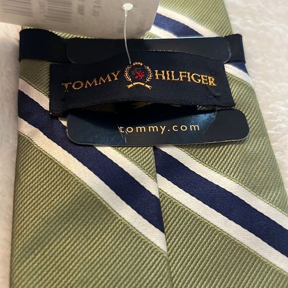 NWT Tommy Hilfiger Green with Navy & White Stripes Silk Tie - Picture 9 of 11